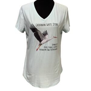 Upcycled Hand Printed XL Ukraine Flag Stork Bird Peace Slava Ukraini Artist Tee